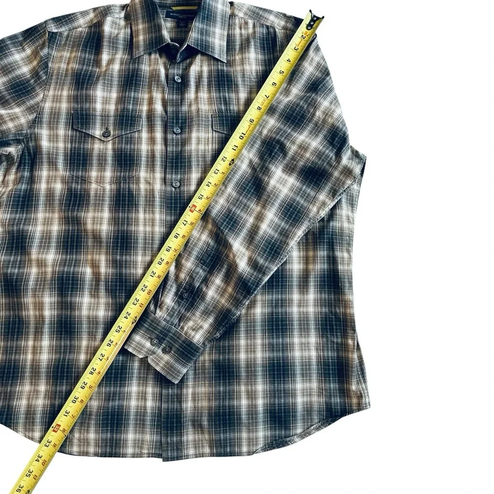 Banana Republic Mens L Slim Fit Plaid Shirt Blue Brown Tan Cotton Stretch Large